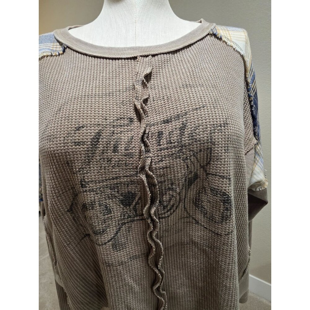 Motorcycle Graphic Waffle-Knit Patchwork Long-Sle… - image 2